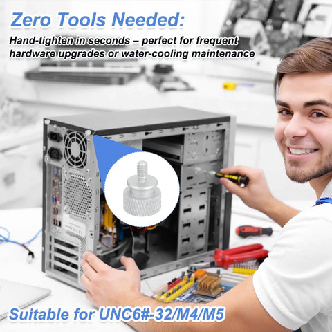 Standard 6 32 Unc Aluminum Thumb Screws Eight Pack White Anodized hassle free knurled grips for PC assembly shown being used in a case.