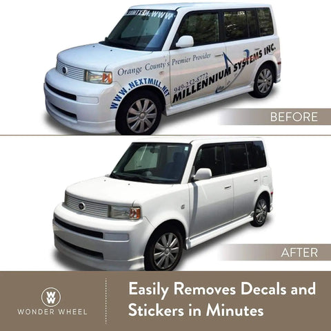 Before and after car image using Adhesive Sticker Remover Kit With Four Inch Rubber Wheel For Cars Removing Decals Vinyl Stickers No Fuss Safe On Paint Quick And Easy No Residue Drill Adapter Included For Auto Exterior And Interior Use