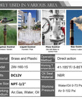 Applications of brass electric solenoid valve half inch female NPT 12V DC, for irrigation, liquid, flow, and gas control in various areas.