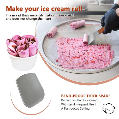 Stainless Steel Ice Cream Shovel With Wooden Handle making pink ice cream rolls on a cold plate, showing blade and rolled ice cream.