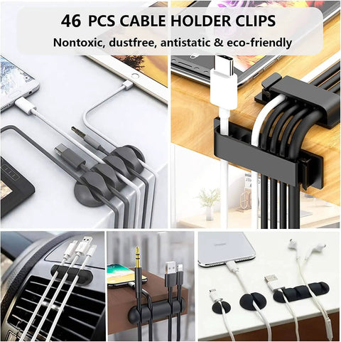 192 Pcs Cable Management Kit With 4 Wire Organizer Sleeves, 11 Cord Holders, 35 Cable Clips, 2 Self Adhesive Tie Rolls, 20 Tie Mounts, And 100 Fastening Ties For A Clean No Mess Under Desk Setup For Computer And TV in use on desk and car.