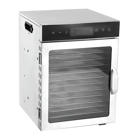 Hella Effective Electric Food Dehydrator With 12 Stainless Steel Trays And 24 Hour Timer, stainless steel exterior with glass front.