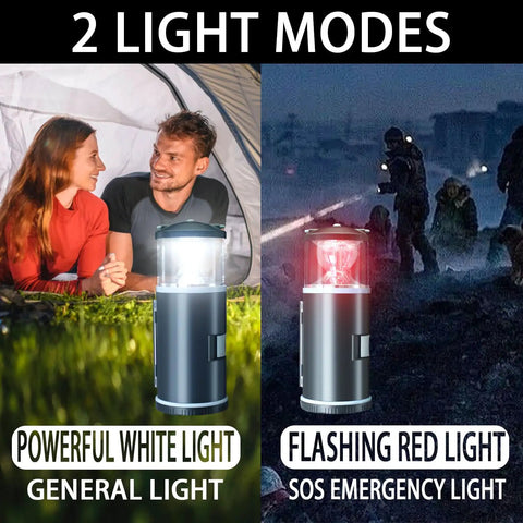 Image showing two light modes of the 2-In-1 Camping Lantern And 15 Piece Tool Kit For Outdoors And Survival Gear, Portable Emergency Set.