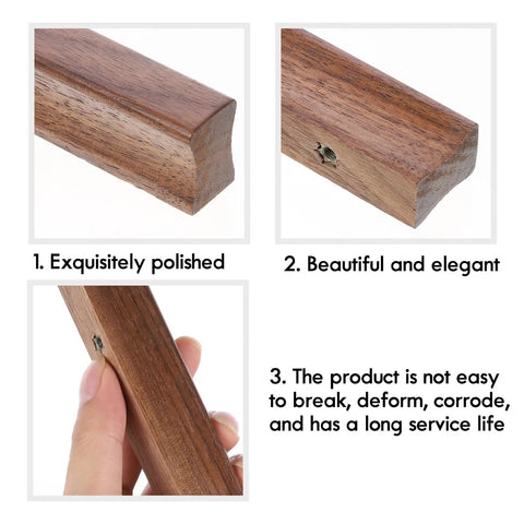 Two Pack Walnut Wood Drawer Handles 150mm Center To Center Cabinet Pulls For Kitchen Dresser Wardrobe And Furniture Durable Easy To Install Modern Sleek Rustic Style Knobs For Safe Comfortable Grip with polishing details.