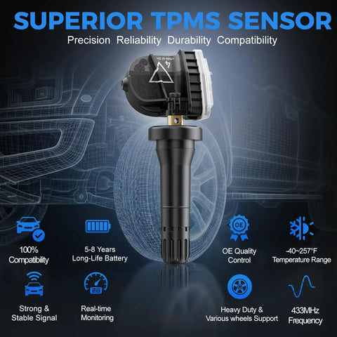 Long Life 433MHz TPMS Sensor Set Pre Programmed For Chevy Silverado GMC Sierra 1500 2500 3500 Tahoe Suburban Yukon Cadillac Escalade 2020 2025 OE Replacement 4 Pack, black sensor