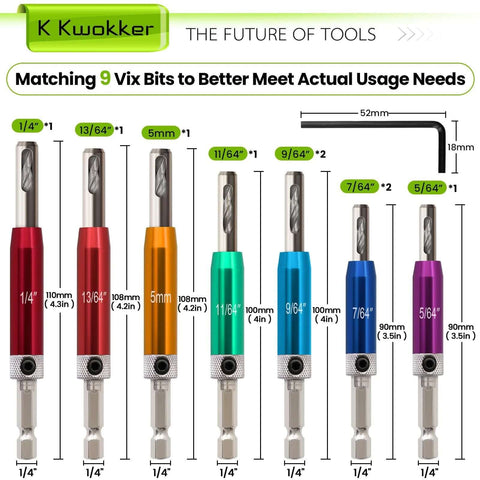 K Kwokker self-centering drill bit set - front view; 9 color-coded VIX bits with 1/4 in hex shanks, sizes 5/64 to 1/4 in