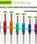 Heavy Duty Self Centering Hinge Drill Bit Set With A Quarter Inch Hex Shank And Tough As Nails Center Punch, nine Vix bits displayed.