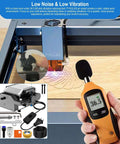 Front-installed view of air assist pump kit for laser cutter; 30 L/min airflow, hoses and mounting hardware.