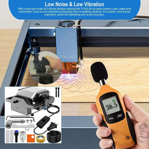 Front-installed view of air assist pump kit for laser cutter; 30 L/min airflow, hoses and mounting hardware.