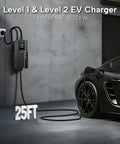 Level One And Two EV Charger 40 Amp 25 Ft Portable J1772 Nema 1450 Station on wall connected to electric vehicle