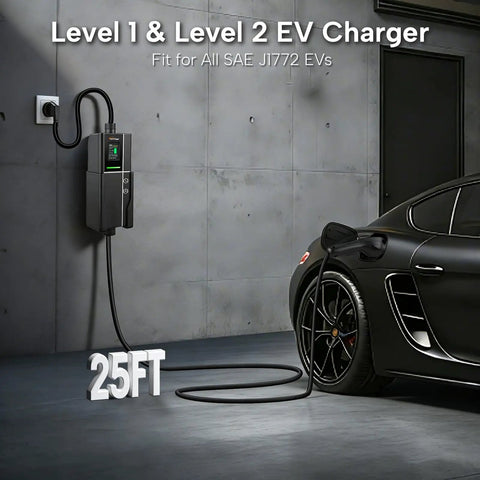 Level One And Two EV Charger 40 Amp 25 Ft Portable J1772 Nema 1450 Station on wall connected to electric vehicle