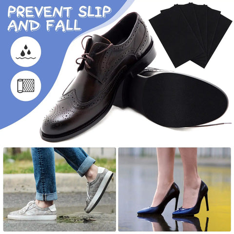 7 Sheets Shoe Sole Repair Patch Kit Non Slip Protector Pads For Worn Bottoms displayed with shoes showcasing non-slip patch.