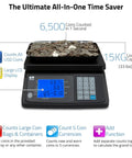 MS20 Coin Counting Scale For Cash And Currency, Fast Value And Count, Counts USD Euro CAD GBP, Handles Up To 650 Dollars Or 6500 Coins