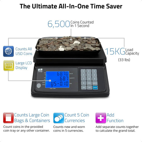 MS20 Coin Counting Scale For Cash And Currency, Fast Value And Count, Counts USD Euro CAD GBP, Handles Up To 650 Dollars Or 6500 Coins