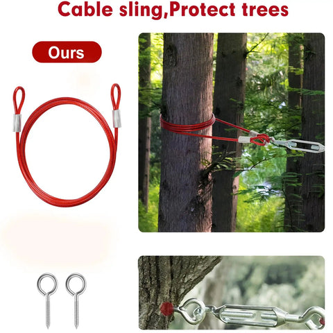 Coiled red cable sling wrapped around tree for Anti Shock Dog Runner For Yard With Coiled Bungee Cable And Aerial Trolley System Heavy Duty Zip Line