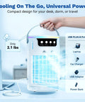 Person holding Four In One Portable Evaporative Air Cooler With Ice Water Cooling Mist, USB-powered, showing lightweight and plug options.