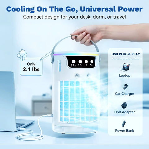 Person holding Four In One Portable Evaporative Air Cooler With Ice Water Cooling Mist, USB-powered, showing lightweight and plug options.