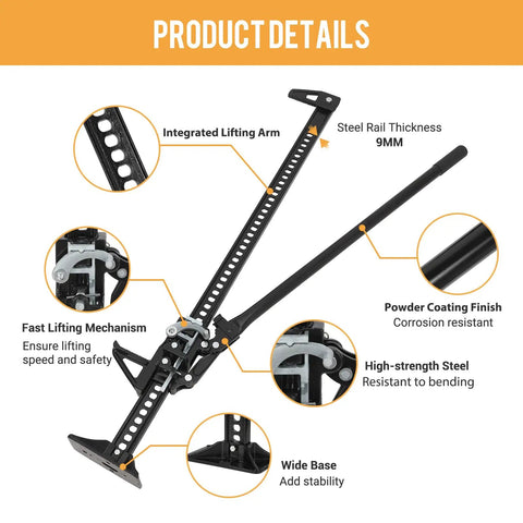 3 Ton Farm Jack 60 Inch Heavy Duty Ratcheting Off Road Utility Jack With 6600 Lb Capacity product details and features diagram