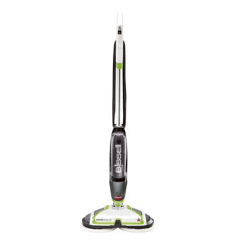Bissell SpinWave floor mop with green accents and dual rotating pad heads.