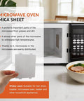 Hand holding microwave mica sheet in front of open microwave with ramen bowl nearby, showing 4 Pack Microwave Mica Plates Set High Temperature Insulation Sheets Waveguide Covers Fits Most Microwave Ovens Including Galanz Midea Panasonic LG 4.25 Inch By 3.9 Inch Easy Cut Durable Heat Resistant Kitchen Replacement Part. Text overlay explains benefits of the mica sheet in blocking dirt and grease while allowing heat distribution in appliances like hair dryers, toasters, and ovens.