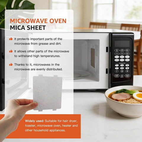 Hand holding Four Pack Universal Microwave Waveguide Cover And Mica Plate Set with open microwave and informational text displayed.