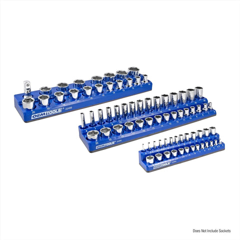 Three Piece Metric Magnetic Socket Tray Set Built Tough With Capacity For Up To 75 Sockets Magnetic Socket Organizer For One Quarter Three Eighths And One Half Inch Sizes Blue Magnetic Holders For Tool Box And Workshop