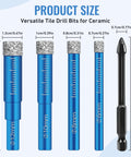 Front view: six-piece diamond tile drill bit set for porcelain, ceramic, glass and tile with blue aluminum shafts