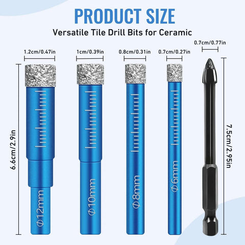 Front view: six-piece diamond tile drill bit set for porcelain, ceramic, glass and tile with blue aluminum shafts
