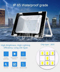 JUDYSSY Solar Flood Lights 50W Led Floodlight Outdoor Spotlight shown in a waterproof setting with detailed features and urban backdrop.