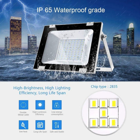 JUDYSSY Solar Flood Lights 50W Led Floodlight Outdoor Spotlight shown in a waterproof setting with detailed features and urban backdrop.
