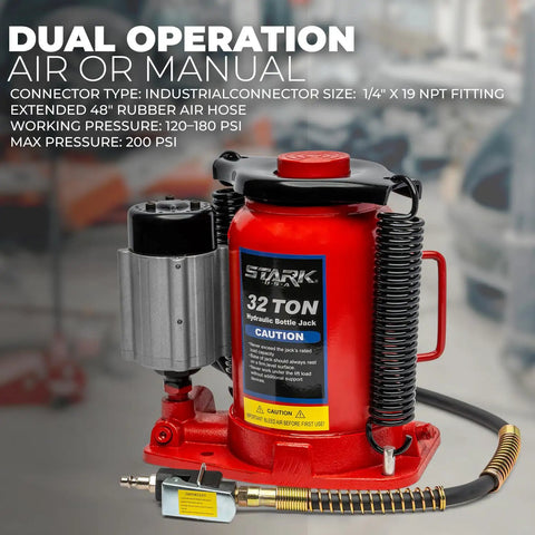 32 Ton Hydraulic Bottle Jack with Air-Operated Lift, Portable Low Profile Design, 64,000 Lb Capacity, heavy duty steel for vehicle lifts