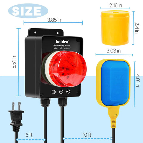 Smart WiFi Sump Pump Alarm With Real Time App Alerts, Indoor Outdoor Water Level Monitor, IP67 Waterproof, 110dB Alarm And LED Indicator, GeniLife App Notifications, Ideal For Basements And Septic Sump Systems; 5.51 in unit, 10 ft float switch, 6 ft cord
