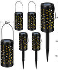 Six Pack Metal Solar Pathway Lights With Star Moon Hanging Lanterns, size dimensions shown, black metal with solar panels.