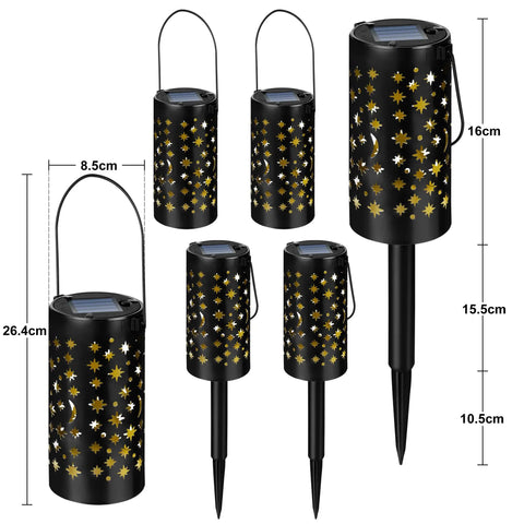 Six Pack Metal Solar Pathway Lights With Star Moon Hanging Lanterns, size dimensions shown, black metal with solar panels.