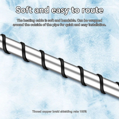 Plug In Pipe Heating Cable With Built In Thermostat For Outdoor Water Pipes No Fuss Anti Freeze Kit Self Regulating And Energy Saving 100 To 120V 11.8 Feet showing soft, bendable cable wrapped around pipe surface.