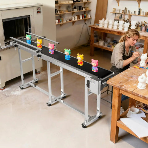 Beefy PVC Belt Conveyor System 71 By 7.8 Inch 110V Electric Adjustable Speed Stainless Steel Industrial Conveyor Machine With Double Guardrails For Safe Durable Material Transport moving figurines in workshop