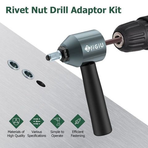 Transform Your Drills Into A Clutch Rivet Nut Tool With This Heavy Duty Cordless Adapter Kit shown installed on a drill.