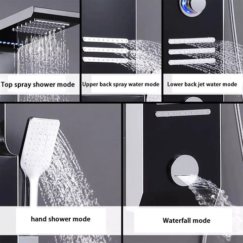 Ultra Slick Wall Mounted Bathroom Shower System Featuring Handheld Sprayer Led Ambient Light Four Position Wand Adjustments with different spray modes.