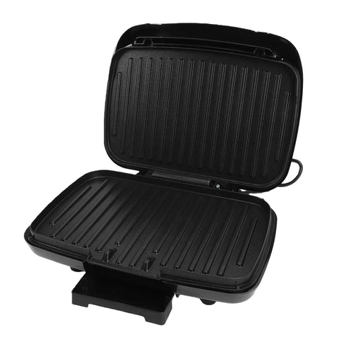 Haofy 1000W Electric Indoor Grill Panini Press With Removable Plates open view showcasing non-stick cooking surface.