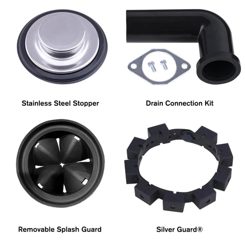 Components of One And A Quarter Horsepower Garbage Disposal With Removable Splash Guard, Attached Power Cord, 3 Bolt Mount