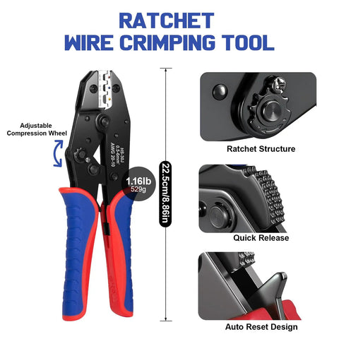 6 In 1 Ratchet Crimping Tool Set With Interchangeable Dies for wire ferrules, heat shrink, terminals, and connectors, front view