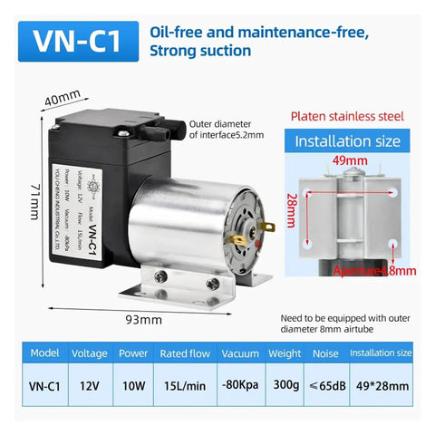 VN-C1 12V Or 24V Electric Diaphragm Vacuum Pump For Robust Negative Pressure Fluid Transfer. High-Performance Peristaltic Design With Durable Structure For Reliable Daily Use And Heavy Duty Operations On The Job Site.