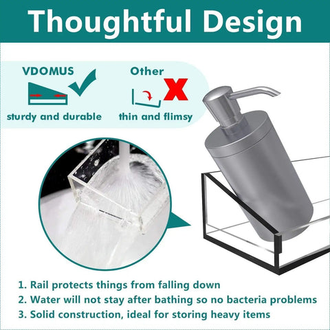 Clear Acrylic Bathroom Shelves Set Of 2 15x4 Inches Floating Wall Shelves For Storage And Display No Drill Shower Organizer Transparent Modern Bathroom Wall Rack Easy Install Space Saver For Cabinets And Counter, showcasing sturdy and durable design with anti-slip rail.