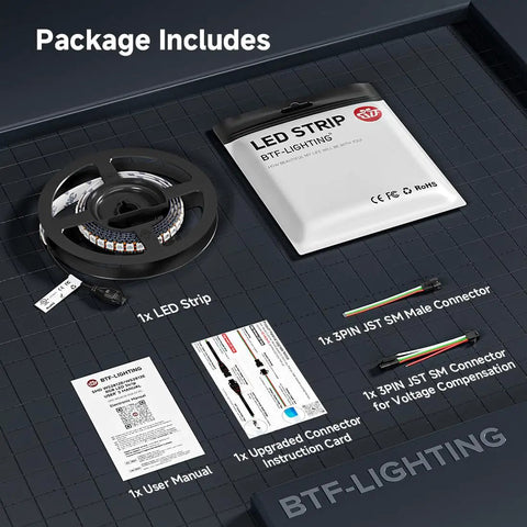 Complete package of Individually Addressable RGB LED Strip 5V 144 LEDs 3.28ft 5050 SMD With Pure Gold Wires UL Listed IP65