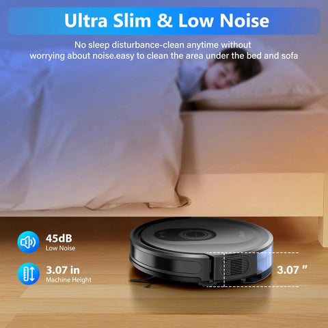 Ultra slim Robot Vacuum And Mop Combo with 5000Pa Suction shown cleaning under a bed, emphasizing low noise and slim design