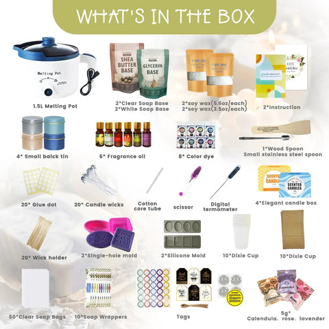 Components of the 2 In 1 All In One Candle And Soap Making Kit For Beginners With Melting Pot Wax And Soap Bases Silicone Molds Fragrance Oils Dyes Thermometer And Tools For DIY Handcrafted Candles And Soap.