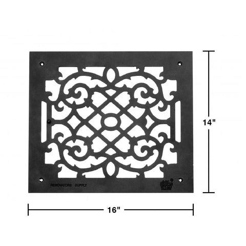 Victorian Style Ornate Air Grille For 12 By 14 Opening Heavy Duty Cast Aluminum Vent Cover with ornate pattern, black finish, 16x14 in.