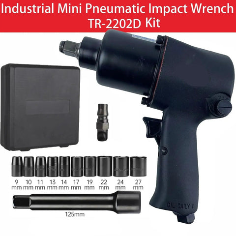 Mini Pneumatic Impact Wrench Loaded With Beast Mode Torque And Five Adjustable Levels Crushing 1300 To 2400 Nm For Blazing Fast Tire Swaps And Quick Motorcycle Repairs showing kit, tools, and sockets.