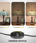 Cream Crystal Tiffany Style Table Lamp With Stained Glass Shade 16x16x24 Inches, dimmer switch and light settings shown