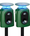 Two Pack 360 Degree Solar Animal Repeller With Ultrasonic Sound Motion Sensor And LED Lights Waterproof Outdoor Cat Dog Raccoon And Coyote Deterrent USB Rechargeable Yard Protection, green